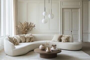 An elegant living room featuring soft, neutral colors. A curved white sofa is the centerpiece