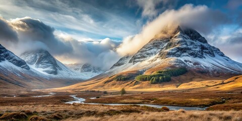 Medium shot of misty morning in the snow covered mountains of Glencoe Scotland