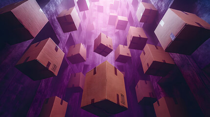 An animation featuring cardboard boxes falling against a vibrant purple background, symbolizing shipping, logistics, or e-commerce concepts. The dynamic movement of the boxes in the scene evokes theme