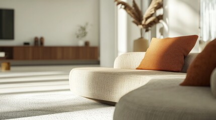 Poster - A cozy living room featuring a light sofa with an orange pillow and natural light.