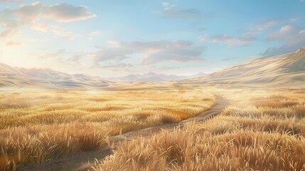 Wall Mural - Serene Landscape of Golden Wheat Fields Under Blue Sky