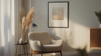 Poster - A cozy corner featuring a chair, artwork, and decorative plants in soft lighting.