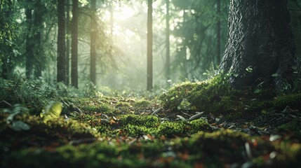 Serene forest floor bathed in soft morning light, with moss, ferns, and leaves under towering trees. A peaceful and vibrant natural scene. AI generative.