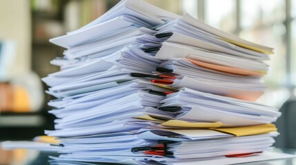 Poster - A cluttered stack of assorted documents and papers on a desk, indicating organization needs.