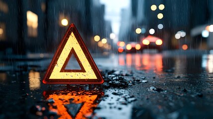 Wall Mural - Glowing emergency triangle casting dramatic reflections on a slick rain soaked road at night creating a tense alert atmosphere with a complementary color scheme