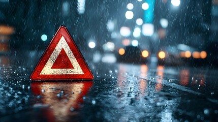 Wall Mural - Glowing Red Emergency Warning Triangle Reflecting Brightly on Dark Slick Road at Night with Futuristic Tetradic Color Scheme Creates Sense of Urgency and Caution