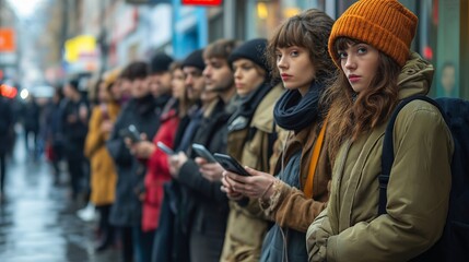 Canvas Print - A group of young people stand in line and look at their mobile phones, waiting for the start of sales and discounts in a store