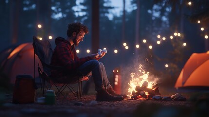 A cozy evening by the campfire with fairy lights illuminating the campsite in a serene forest setting at twilight