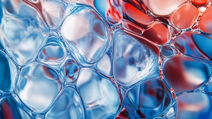 Poster - Abstract background featuring vivid blue and red bubbles creating a dynamic and vibrant texture. Perfect for artistic and creative designs.