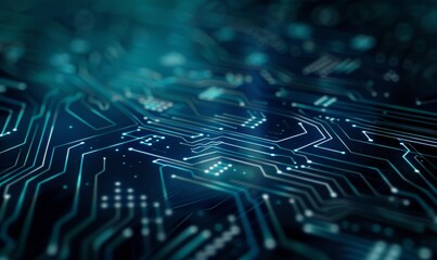 Wall Mural - Abstract blue background with glowing circuit patterns and bokeh lights, ideal for technology and digital themes.