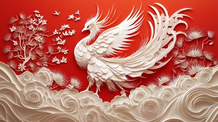 Wall Mural - Traditional Chinese paper cut phoenix with flowing feathers and intricate layered details, paper cut phoenix, traditional Chinese decor