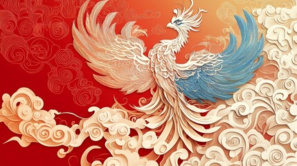 Wall Mural - Traditional Chinese paper cut phoenix with flowing feathers and intricate layered details, paper cut phoenix, traditional Chinese decor