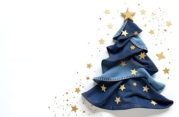 Christmas tree made of jeans with a gold star on a white background top view