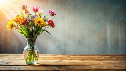 Wall Mural - Stock photo of a vase with colorful flowers on a table