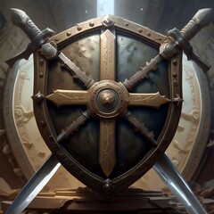 Realistic illustration of ancient shield with two swords in cross behind.