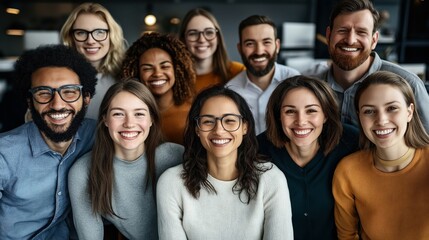 Sticker - Group of diverse young adults smiling and standing closely together indoors, wearing casual clothing and glasses, symbolizing teamwork and friendship.