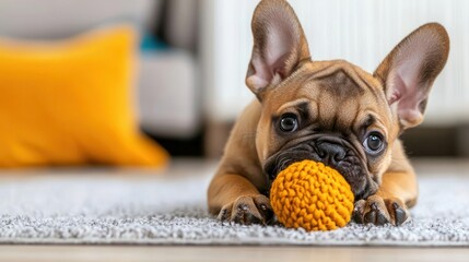 French bulldog puppy chewing on a toy, domestic animal, indoor playful moment