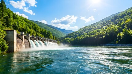 Hydroelectric dam nestled in a lush green landscape symbolizing the perfect balance between natural preservation and clean renewable energy production