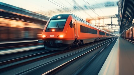 High-speed red passenger train moving at a fast pace along railway tracks in a modern station with motion blur effect emphasizing speed and movement.