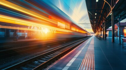 A serene train station scene at dusk: empty but for a moving train with vibrant lights blending with the twilight sky, adding energy to stillness.