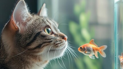 Scottish Fold cat curiously observing fish in a glass tank, domestic animal, home pets interaction