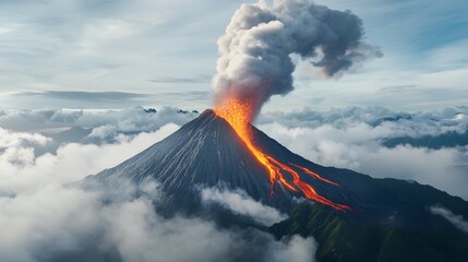 Dramatic volcanic eruption with fiery lava flowing down the mountain accompanied by towering ash clouds billowing into the sky  A powerful display of the raw destructive force of nature