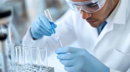 Poster - laboratory technician conducting experiments with test tubes and pipette in a modern research labora