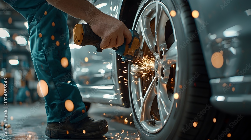 Mechanic Feature Close up view of a skilled mechanic s hands using a power tool to ...
