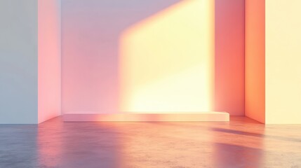 Canvas Print - An empty room with a platform, illuminated by soft, colorful lighting creating a serene atmosphere