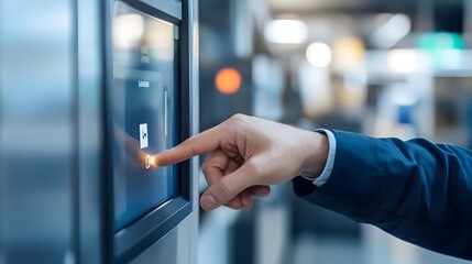 Close up view of a person confirming a package pickup through a sleek monochromatic touchscreen interface at a post office counter