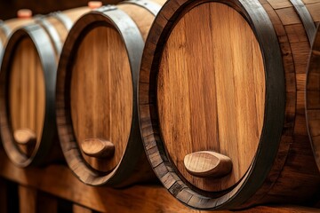 Extreme close-up of a standing empty wooden barrel for mockup display or presentation of products in a cellar with a row of wooden barrels seen in diminishing perspective 