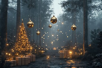 Magical Christmas scene in a dark forest with illuminated tree and glowing decorations