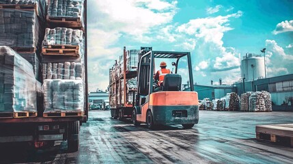 A forklift carefully loads items onto a truck at the dock. This scene highlights the logistics involved in transporting goods efficiently within a warehouse environment.