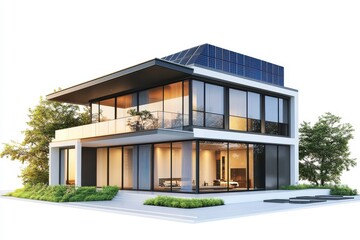 A sleek, two-story modern house with floor-to-ceiling glass windows, solar panels on the roof