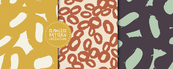 Set. Collection. Square green, white, yellow, red seamless patterns, backgrounds, wallpapers with different doodle shapes, circles, curves, lines. Abstract modern trendy style