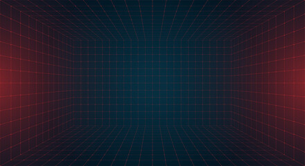 Fototapete - Futuristic perspective HUD grid box with abstract wireframe design. Red grid dotted lines on dark blue background. Virtual reality landscape inspired 80s and 90s digital aesthetic. Retro future visual