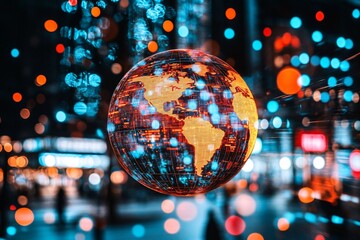 Aufkleber - Glowing Digital World Sphere in Vibrant Cityscape Bokeh