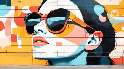 Sticker - Colorful mural of a woman wearing sunglasses on an urban wall with abstract geometric patterns