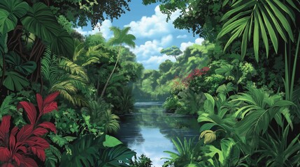 Poster - A dense jungle with thick vines, tropical plants, and a winding river