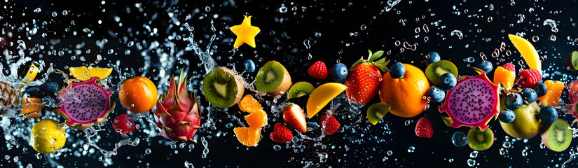 Poster - Fruit explosion, with water splashing on a black background. Various fruits, such as pineapple and dragon fruit, are falling through the air, surrounded by blueberries, mango slices, orange pieces, ki