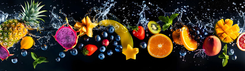 Poster - Fruit explosion, with water splashing on a black background. Various fruits, such as pineapple and dragon fruit, are falling through the air, surrounded by blueberries, mango slices, orange pieces, ki