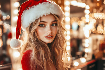 Poster - A woman wearing a santa hat in front of a mirror