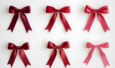 collection of elegant red satin bows with ribbons on a white backdrop, generative ai