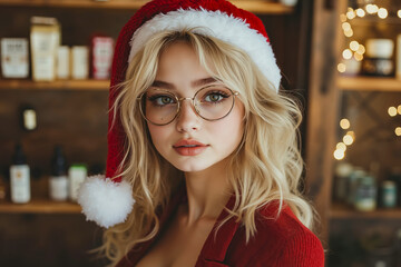 Poster - A woman wearing a santa hat and glasses in front of a shelf of cosmetics