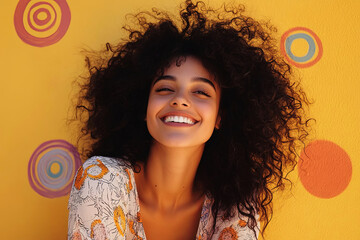 Bright and joyful portrait of a black woman with a lively yellow background and colorful circles