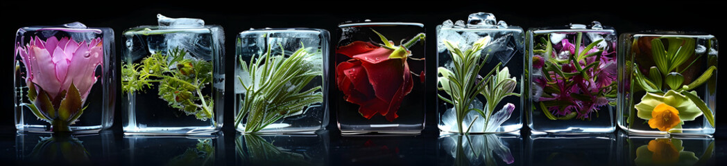 Poster - A series of ice cubes with various flowers and plants inside, arranged in a row on a black background
