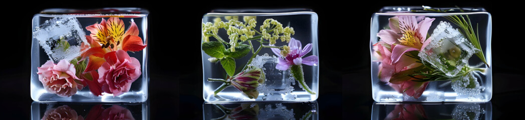 Poster - A collection of ice cubes with flowers and plants encased within, presented in three different poses against a black background