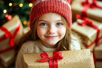 Canvas Print - A little girl in a red hat holding a present