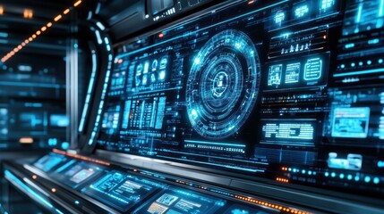 Poster - Futuristic Control Panel with Glowing Blue Interfaces