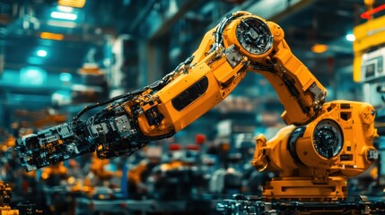 Aufkleber - Close-up of a Yellow Industrial Robot Arm in a Factory